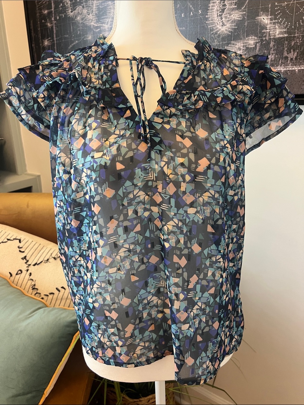 Sheer Navy Multi-Print Ruffle Tie-Neck Blouse